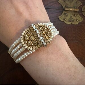 Vintage Multi-Strand Pearl Bracelet Gold Tone Ornate Clasp